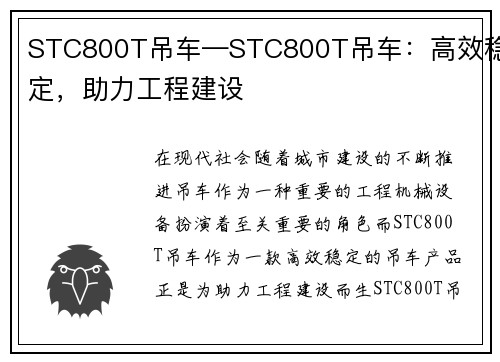 STC800T吊车—STC800T吊车：高效稳定，助力工程建设