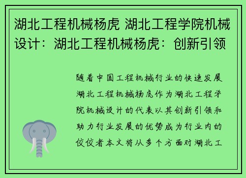 湖北工程机械杨虎 湖北工程学院机械设计：湖北工程机械杨虎：创新引领，助力行业发展